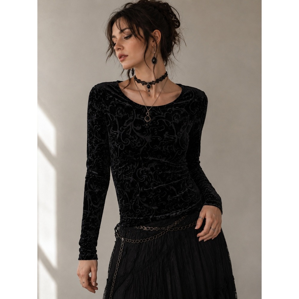Talbots Top Womens Medium Black Burnout Velvet Damask Scroll Whimsigoth Witchy